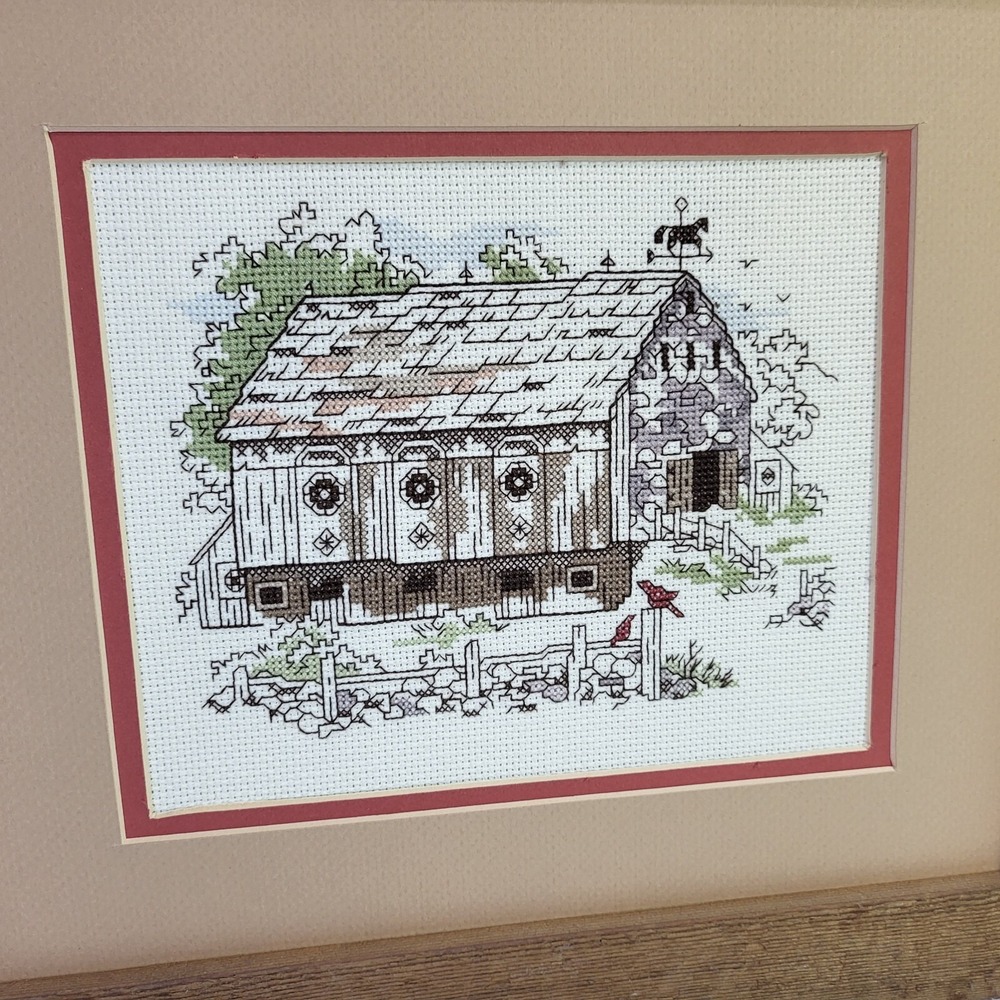 2 Embroidery Handmade Framed Needlework Barn Scenes Folk Art Country Farmhouse - Picture 5 of 10